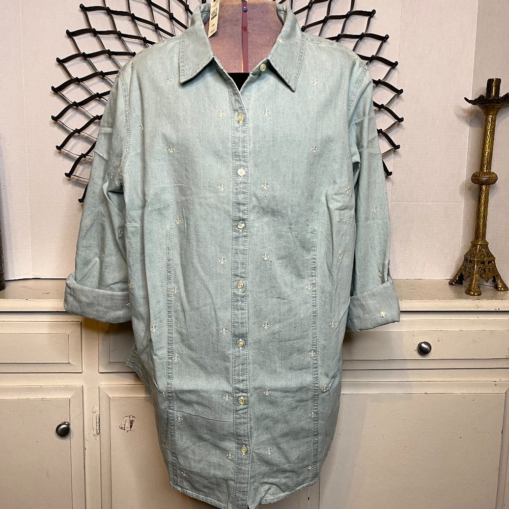 Vtg Talbots Woman 18W Light Blue Denim Flor Da Lee Button Up Shirt Cuff Sleeve